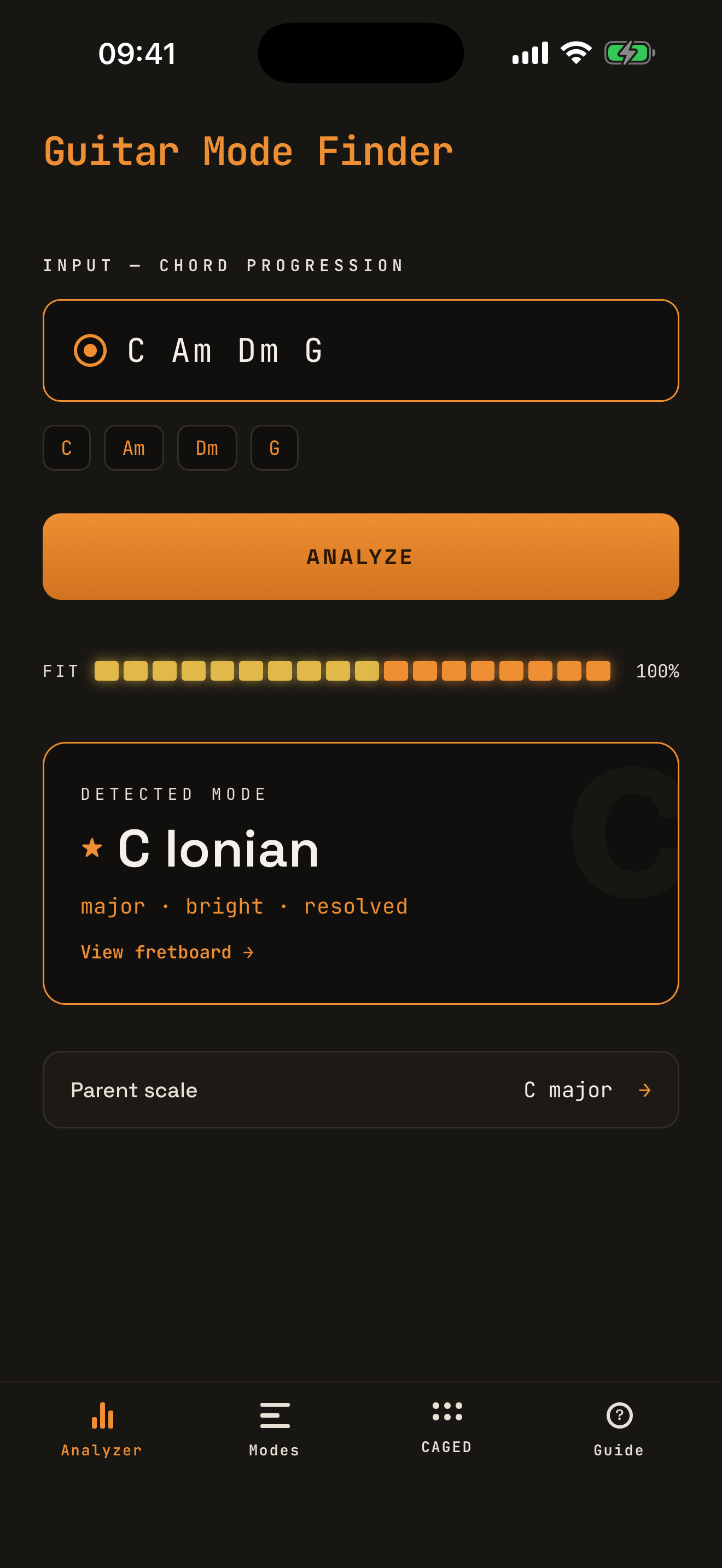 Analyzing the progression Am Dm G C — detected mode C Ionian, parent scale C major